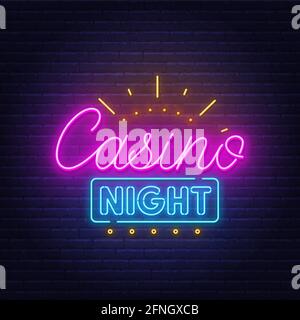 Casino Nacht Neon-Schild auf Backsteinmauer Hintergrund. Stock Vektor