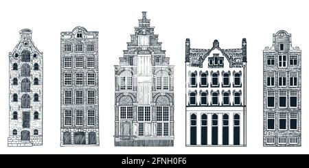 Amsterdams alte Stadtgebäude isoliert auf weißem Hintergrund. Vektorgrafik Doodle Skizze. Reisen Sie nach Niederlande handgezeichnete Designelemente Stock Vektor