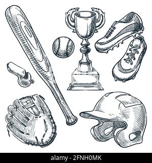 Baseballsportausrüstung. Vektorgrafik mit handgezeichneter Skizze. Ball, Handschuh, Baseballschläger, Helmsymbole auf weißem Hintergrund isoliert Stock Vektor