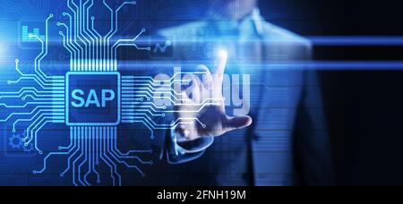 SAP – Software zur Automatisierung von Geschäftsprozessen. ERP Enterprise Resources Planungssystem Konzept auf virtuellem Bildschirm Stockfoto