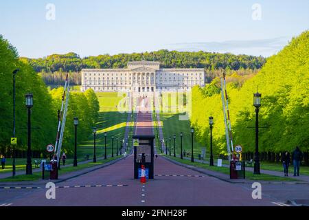 16. Mai 2021 Besucher auf der langen Allee Zum Stormont-Parlamentsgebäude von Nordirland, das sich auf befindet Das Stormont Estate im Osten Stockfoto