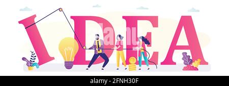 Business-Team mit Seil heben Briefe. Großer Text – Idee. Innovation, Kreativität im Geschäft. Büroleute arbeiten zusammen. Teamarbeit und Brainstorming. Stock Vektor