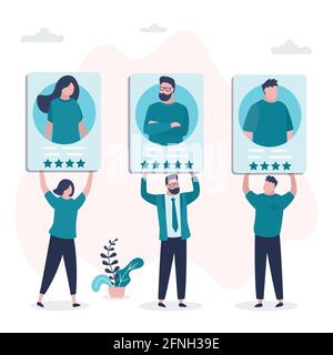 Gruppe von verschiedenen Personen Kandidaten halten Lebensläufe. Arbeitssuchende mit lebenslauf. Arbeitslosigkeit, globale Krise. Bewertung der Fähigkeiten, Qualität der beruflichen Ausbildung Stock Vektor