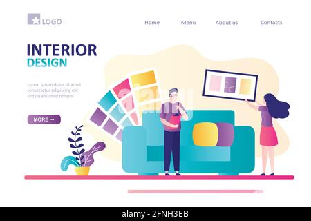 Designer mit Farbpalette Gestaltung Innendekoration. Das Team arbeitet an einem neuen Design-Projekt. Geschäftsleute planen die Gestaltung des Wohnzimmers. Webverbot Stock Vektor