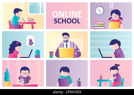 Vorlage für die Landing Page der Online-Schule. Kinder bleiben zu Hause und am Computer verlobt. Männlicher Lehrer oder Tutor Fernlehrende Kinder. Mädchen und Jungen beobachten Stock Vektor