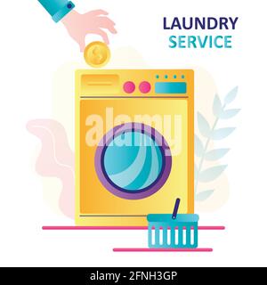 Konzept von Wäscheservice und Waschsalon. Hand legt Goldmünze in große Waschmaschine. Kommerzielle Waschmaschine, Waschsalon, Waschküche. Hausarbeit, chor Stock Vektor