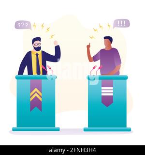 Politische Debatte. Männliche Politiker sprechen emotional. afroamerikanische und kaukasische Menschen auf dem Podium sprechen in Mikrofone. Politische Kandidaten, el Stock Vektor