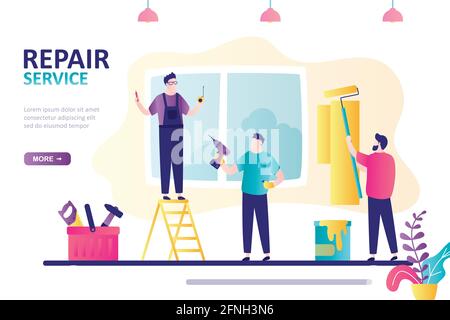 Landing Page zum Thema Reparatur Service. Das männliche Team repariert den Raum mit verschiedenen Werkzeugen. Handwerker malt Wand mit Walze. Die Werkstatt steht auf der Stube A Stock Vektor