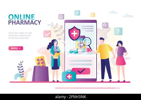 Vorlage für die Landing Page für Online-Apotheken. Apothekerin, Kunden wählen Medikamente im Internet. Konzept von Gesundheit und Medizin. Smartphone mit medi Stock Vektor