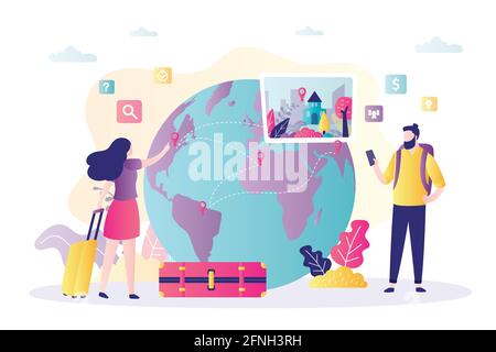 Das Liebespaar plant eine Reise. Konzept der Reise- und Urlaubsorganisation. Mann und Frau wählen Stadt für Reisen online. Globus oder Weltkarte Stock Vektor