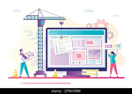 Webseite für Geschäftsleute und Kranbau. Konzept der Teamarbeit, Website-Builder und Entwicklung. Eine Gruppe von Arbeitern und KI, die gemeinsam an Kreatin arbeiten Stock Vektor