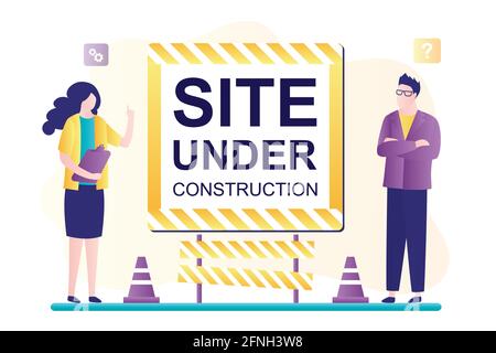 Website im Aufbau. Fehler 404. Seite wurde nicht gefunden. Die Leute melden das Problem vor Ort. Problem mit der Internetverbindung. Website-Entwicklung. Horizont Stock Vektor