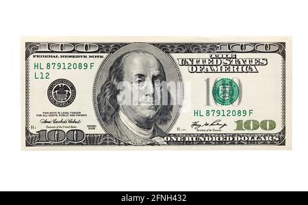 Einhundert US-Dollar-Schein oder US-Dollar auf isoliertem weißem Hintergrund. Stockfoto