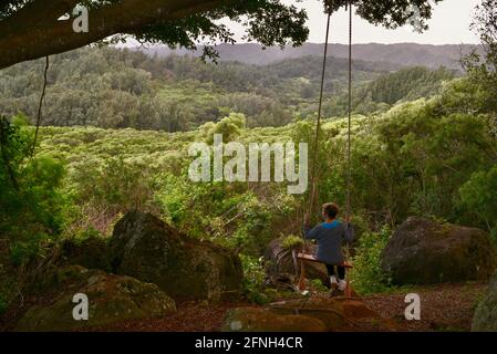 Frau, die auf einer Seilschaukel am Baum sitzt, auf dem Hügel der Gunstock Ranch, bei Sonnenuntergang, Laie, Oahu, Hawaii, USA Stockfoto