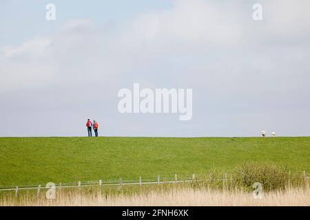 Schleswig-Holstein, Deutschland. 17. Mai 2021: Ein Mann, eine Frau und zwei Schafe stehen auf einem Deich an der Nordsee unter bewölktem Himmel. Foto: Frank Molter/dpa Quelle: dpa picture Alliance/Alamy Live News Stockfoto