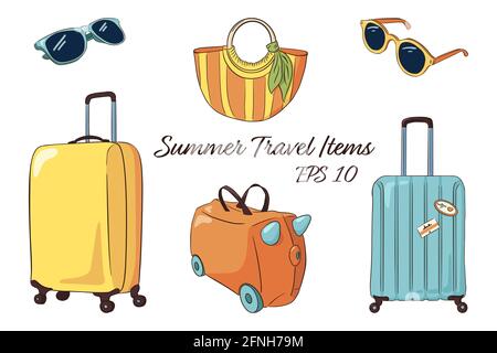 Linie Zeichnung Vektor Tourismus Attribute bunte Illustration Illustration. Gelbe und blaue Koffer, Kinderkoffer, Frau gestreifte Tasche, Sonnenbrille Stock Vektor