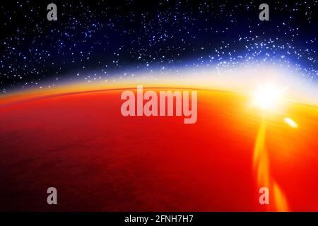 Kosmische Sonnenuntergangslandschaft, Sonnenaufgang im Kosmos über dem Planeten Mars-Horizont, Sterne, dunkelblauer Himmel, gelbe Sonnenlichtstrahlen, rotes Sonnenlicht glühen, Himmelskörper Stockfoto