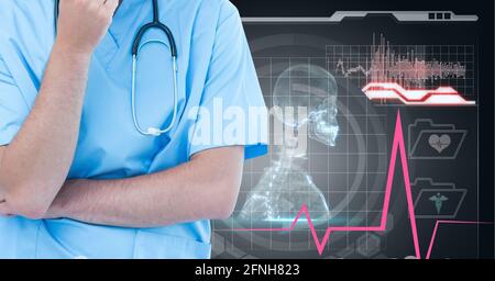 Zusammensetzung des männlichen Arztes mithilfe eines virtuellen Bildschirms mit medizinischen Symbolen Auf schwarzem Hintergrund Stockfoto