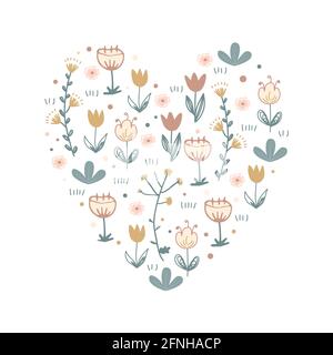 Cartoon Scandinavian Vector Florales Herz mit Doodle Blumen. Handgezeichnetes Symbol für den Valentinstag Stock Vektor