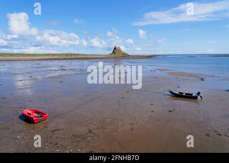 Zwei Boote sitzen auf dem nassen Sand des Hafens von Lindisfarne bei Ebbe mit Lindisfarne Castle in der Ferne. Stockfoto