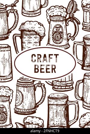 Vintage Gravur Stil Craft Bier Menü Vorlage. Retro Brauerei Gravur. Craft Beer Lokale Brauerei. Bier Pint handgezeichnete Tinte Skizze. Illustration. Stockfoto