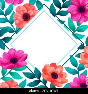 Blumenrahmen. Tropische Blumen trendige Vorlage. Design mit schönen Blumen und Palmblättern mit Kopierplatz auf weißem Hintergrund. Digitale Illustration Stockfoto