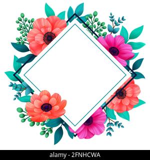 Blumenrahmen. Tropische Blumen trendige Vorlage. Design mit schönen Blumen und Palmblättern mit Kopierplatz auf weißem Hintergrund. Digitale Illustration Stockfoto