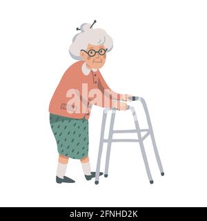 Ältere Frau. Old Lady Charakter mit Paddle Walker auf weißem Hintergrund. Pflegeheim. Ältere Frau flach Vektor-Illustration Stock Vektor