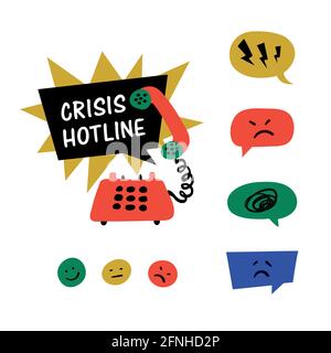 Psychologie. Krisenhotline, Support-Anruf, psychologische Hilfe. Gelbes handgezeichnetes Telefon mit Rad und blauer Sprechblase. Doodle-Stil flache Vektor-Illust Stock Vektor