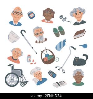 Flache Lifestyle-Symbole für Senioren mit Porträts und Elementen für ältere Menschen. Pflegeheim. Senioren Gesundheitshilfe flach Vektor-Illustration Stock Vektor
