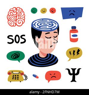 Psychologie. Satz handgezeichneter Symbole zum Thema Psychologie. Vektorsymbole für Psychologie, Gehirn und psychische Gesundheit eingestellt. Flacher vecton im Doodle-Stil Stock Vektor