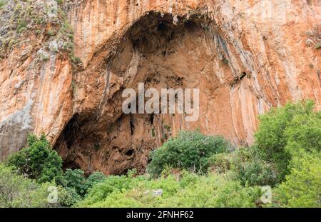 Naturschutzgebiet Zingaro, Trapani, Sizilien, Italien. Blick über Baumkronen auf die Grotta dell'Uzzo, eine Höhle von prähistorischem Interesse oberhalb von Cala dell'Uzzo. Stockfoto