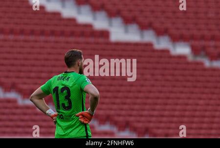 Madrid, Spanien. Mai 2021. Jan Oblak Torwart (Atletico de Madrid) Gesehen während der La Liga-Spielrunde 36 zwischen Atletico Madrid und CA Osasuna im Wanda Metropolitano Stadium.Sportstadien in ganz Spanien unterliegen aufgrund der Coronavirus-Pandemie strengen Beschränkungen, da staatliche Gesetze zur sozialen Distanzierung Fans in Veranstaltungsorten verbieten, was dazu führt, dass Spiele hinter verschlossenen Türen gespielt werden. Endergebnis; Atletico Madrid 2:1 CA Osasuna. Kredit: SOPA Images Limited/Alamy Live Nachrichten Stockfoto