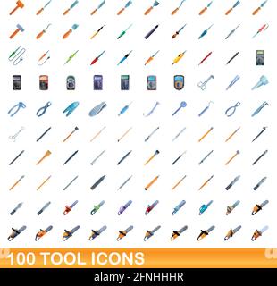 100 Werkzeugsymbole gesetzt. Cartoon Illustration von 100 Tool Icons Vektor-Set isoliert auf weißem Hintergrund Stock Vektor