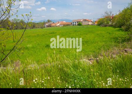 Wiese und Dorf. Pinilla de Buitrago, Provinz Madrid, Spanien. Stockfoto