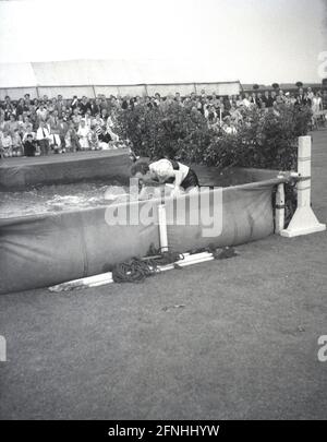 1954, historisch, vor einer Gruppe von Zuschauern, ein männlicher Athlet, der an einem Hindernislauf teilnimmt und versucht, durch das große Wasserhindernis zu kommen, England, Großbritannien. Abgeleitet aus der „Teeplechase“ im Pferderennen, die aus Irland stammt, wurde die Leichtathletik-Version in der viktorianischen Zeit eingeführt, zunächst als Cross-Country-Rennen, bevor sie zu einem Rennen in einem flachen Feld wurde, wie es heute bekannt ist. Die Wasserhindernisse in dieser Zeit waren richtige Hindernisse, körperlich anspruchsvoll, wie man hier sieht, dass es sich fast um ein Schwimmbad handelt, durch das der Konkurrent nach dem Sprung auf den Zaun an der Front waten muss. Stockfoto