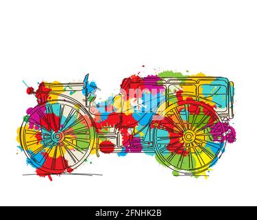 Vintage LKW Vektor Skizze über farbige Tintenflecken Stock Vektor