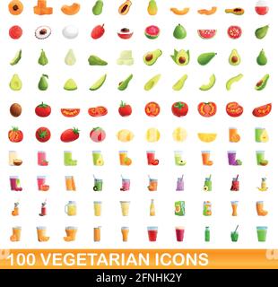 100 vegetarische Symbole gesetzt. Cartoon Abbildung: 100 vegetarische Symbole Vektor auf weißem Hintergrund einstellen Stock Vektor