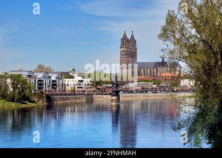 Blick über die Elbe auf eine alte Eisenbahnbrücke und den Magdeburger Dom Stockfoto