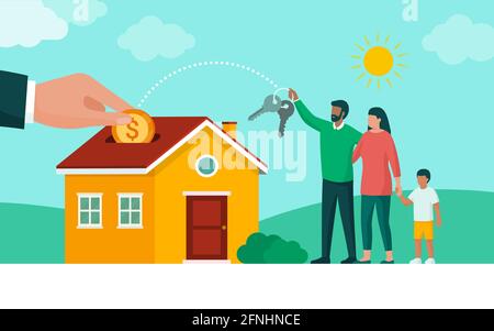 Glückliche Familie, die ihr neues Haus, ein neues Immobiliendarlehen und ein Hypothekenkonzept kauft Stock Vektor