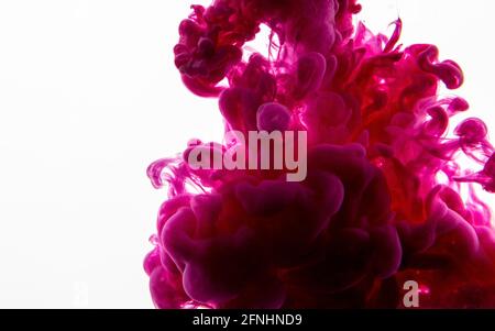 Tinte in Wasser. Abstrakter Hintergrund. Tinte wirbelt in Wasser. Tinte in Wasser isoliert auf weißem Hintergrund. Blaue Tinte im Wasser. Stockfoto