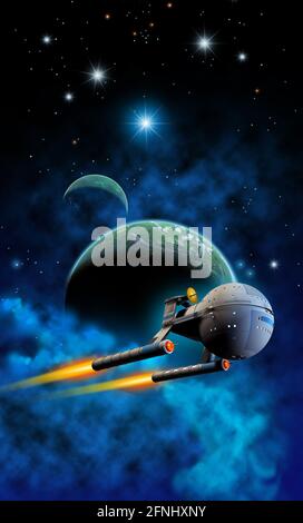 Raumschiff Fliegen in der Nähe eines außerirdischen Planetensystems mit Nebel, 3d-Illustration Stockfoto