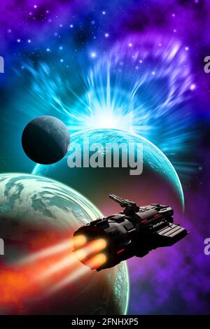 Raumschiff Fliegen im außerirdischen Planetensystem, 3d-Illustration Stockfoto