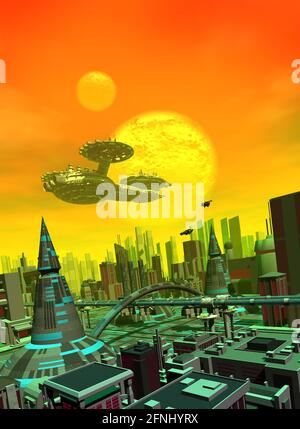Raumschiff fliegt über die futuristische Stadt, 3d-Rendering Stockfoto