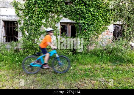 Junge Radfahren an der Ruine eines überwucherten verlassenen Steinhauses, Vipava-Tal, Slowenien Stockfoto