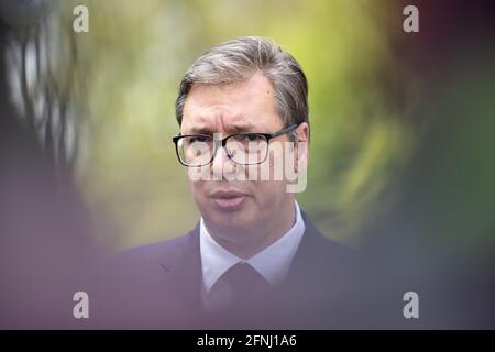 Kranj, Slowenien. Mai 2021. Der serbische Präsident Aleksandar Vucic spricht vor der Presse auf dem Gipfel des Brdo-Brijuni-Prozesses in Slowenien. Der slowenische Präsident Borut Pahor veranstaltete in Brdo pri Kranju einen Gipfel des Brdo-Brijuni-Prozesses, wo er mit den Präsidenten Albaniens, Kroatiens, Serbiens, Nordmakedoniens, Montenegros, Der Kosovo und das Trio des Präsidums von Bosnien und Herzegowina zum 10. Jahrestag der Initiative. Kredit: SOPA Images Limited/Alamy Live Nachrichten Stockfoto