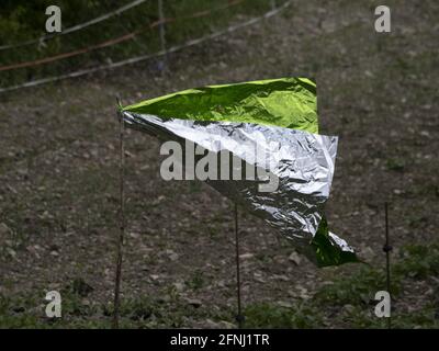 Metallblech-Vogelscheuche auf einem Feld an windigen Tagen Stockfoto