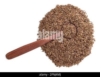 Draufsicht auf Holzlöffel auf Haufen Kümmel-Früchte Auf weißem Hintergrund Stockfoto