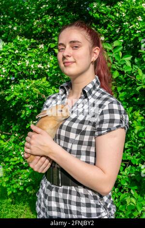 Das Mädchen hält einen niedlichen Ingwerkaninchen auf Sommer Natur im Park im Freien auf dem Hintergrund eines blühenden Baumes. Stockfoto