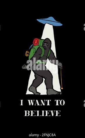 Ich möchte glauben. Bigfoot Wanderer mit Trekkingstöcken und Rucksack in einer UFO-Untertasse schwebender Balken. Witziger Reise-T-Shirt-Druck. Stock Vektor